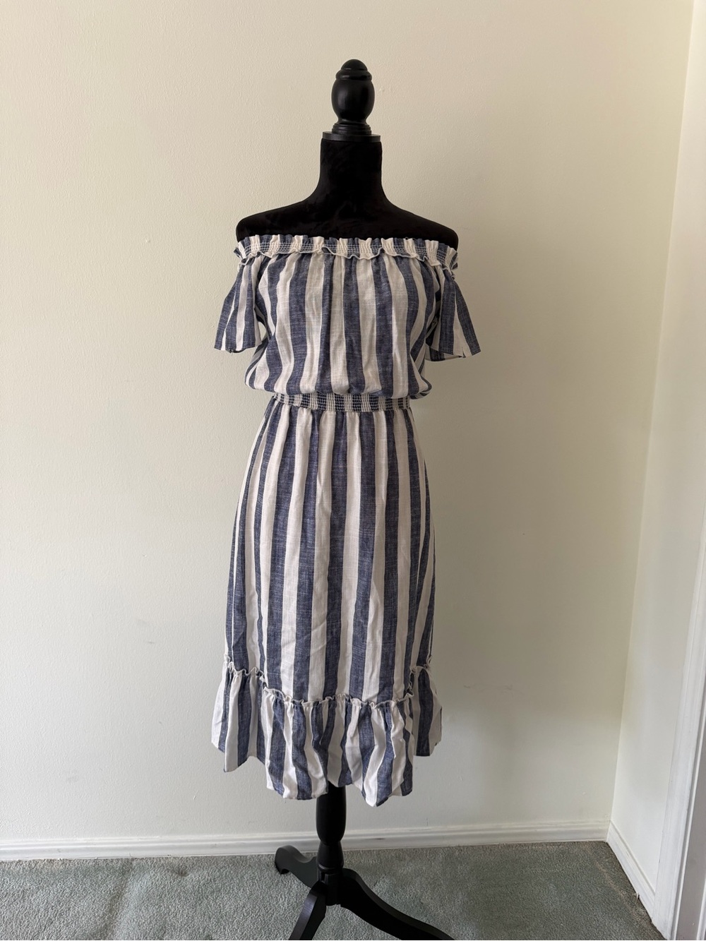 Everly Linen Navy and White One-Shoulder Striped Midi Dress